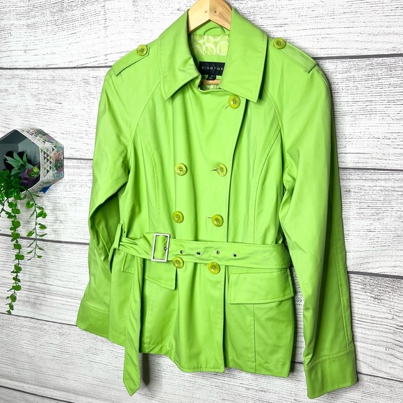 Vintage Braetan Bright Lime Green Double-Breasted Belted Trench Coat Size Small - Picture 2 of 13